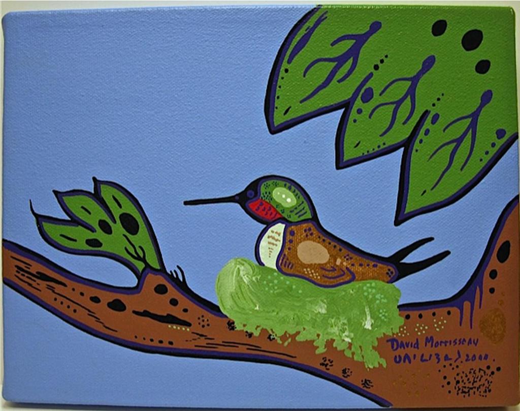 David Alfred Morrisseau (1961) - Hummingbird Nesting; Loon Family By Water