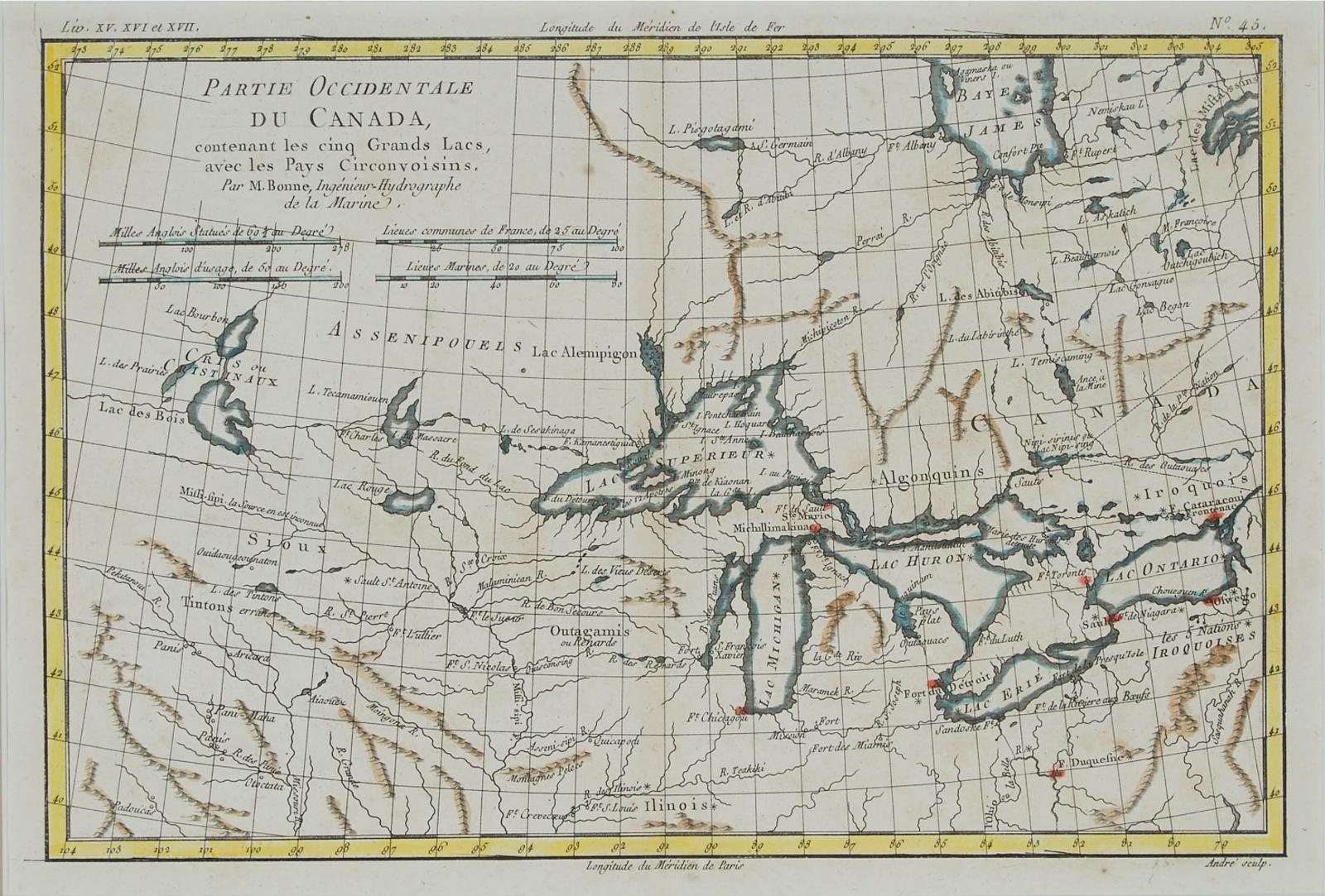 Rigobert Bonne (1727-1794) - Partie Occidentale Du Canada Contenant Les Cinq Grands Lacs, Avec Les Pays Circonvoisins