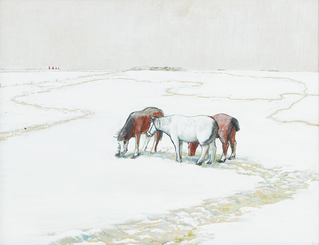 William Kurelek (1927-1977) - Snow Showers and Horses Foraging