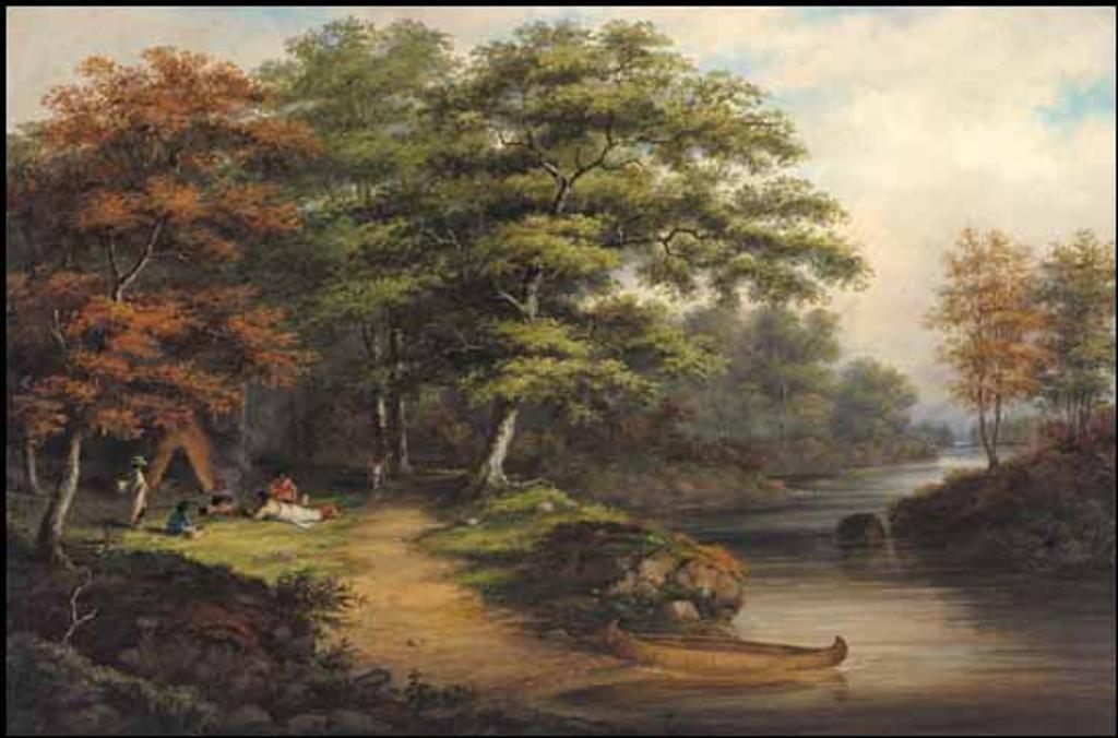 Cornelius David Krieghoff (1815-1872) - Indian Family Around a Campfire with Birchbark Tepee and Canoe