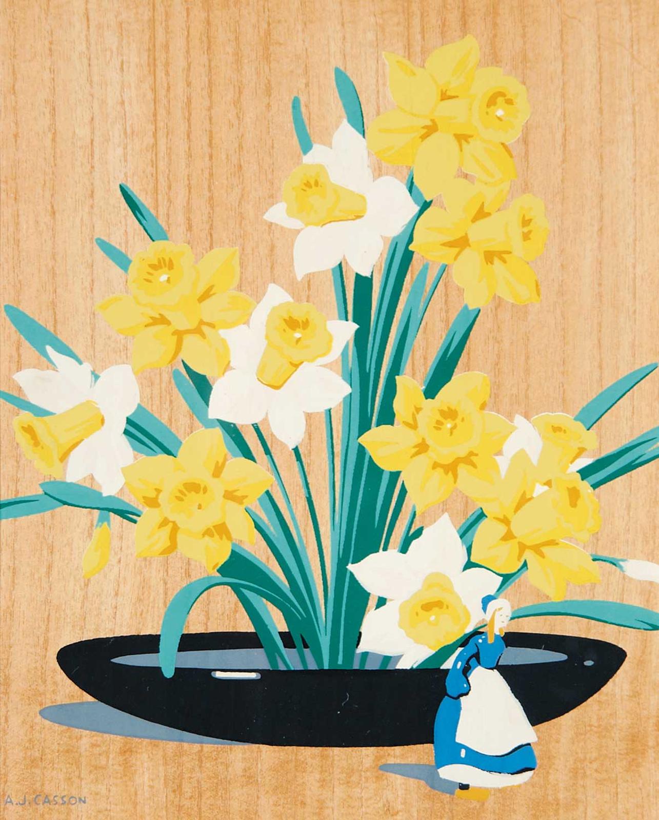 Alfred Joseph (A.J.) Casson (1898-1992) - Daffodils with Delft Figurine