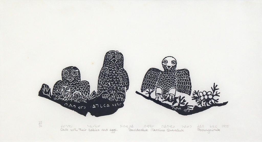 Davidialuk Alasua Amittu (1910-1976) - Owls With Their Babies And Eggs; 1975