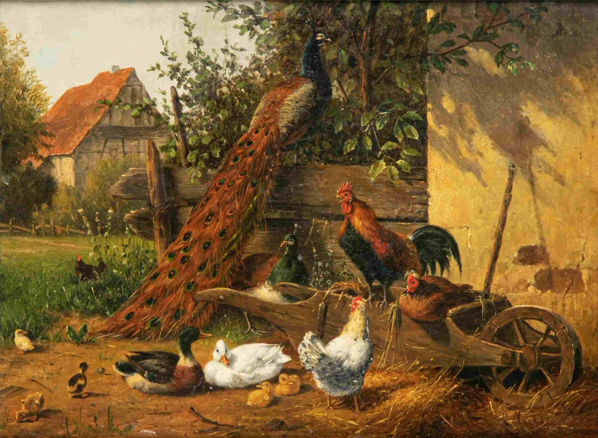 Carl Jutz The Elder (1838-1916) - Peacock in a Barnyard (Federvieh am Bauernhof)