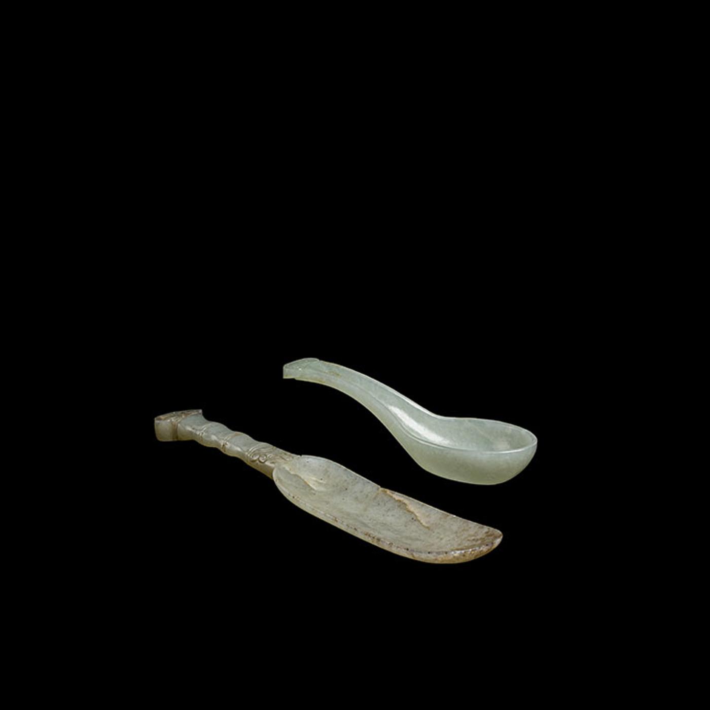 Chinese Art - Two Chinese Jade Carved Spoons, 19th Century