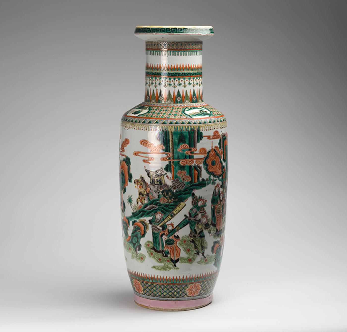 Chinese Art - An Unusual and Large Chinese Famille Verte Figural Rouleau Vase, Late 19th Century