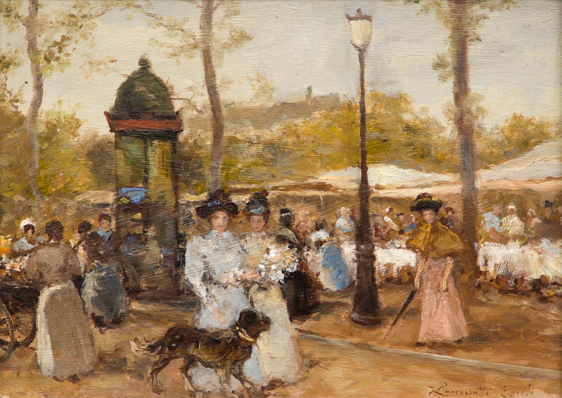 Egisto Lancerotto (1847-1916) - Promenade, deux dames et un chien, n. d.