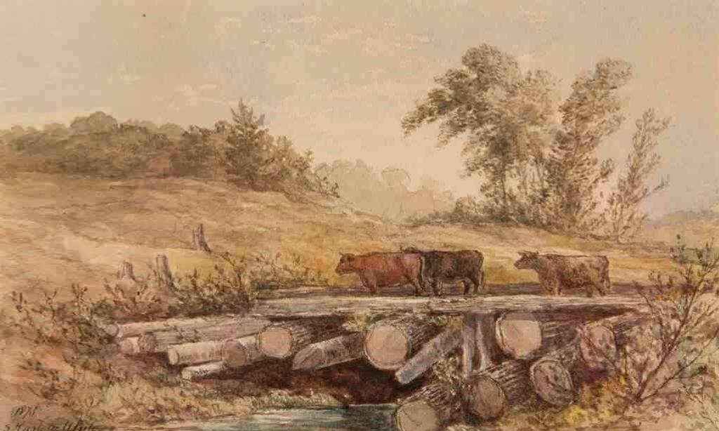 George Harlow White (1817-1888) - Untitled (cattle crossing a bridge) (1873)