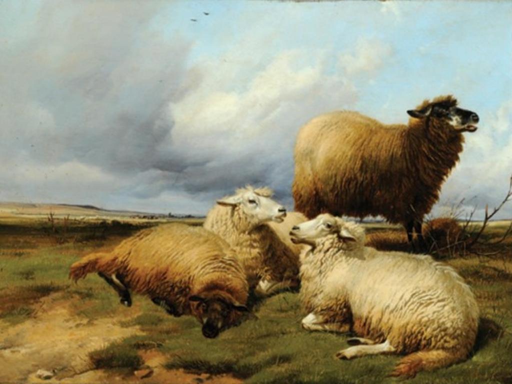 Thomas Sydney Cooper (1803-1902) - Four Sheep in Canterbury Meadows