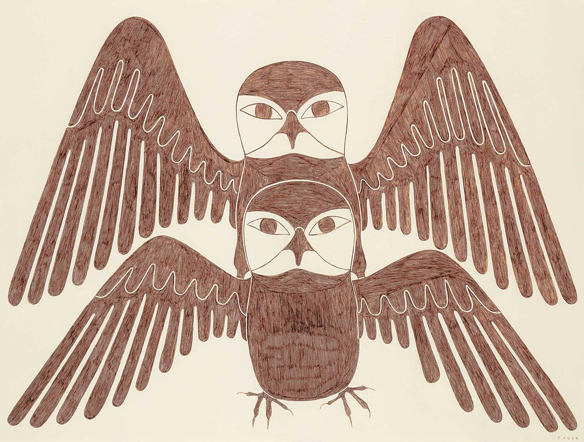 Kenojuak Ashevak (1927-2013) - Untitled - Stacked Owls