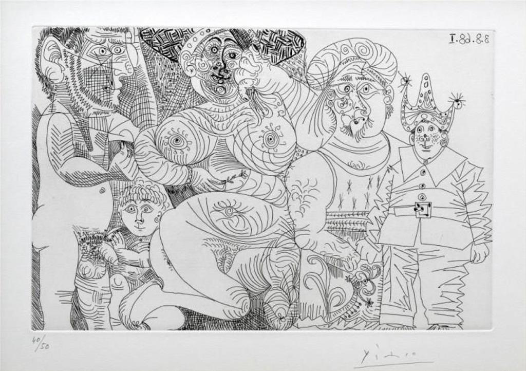 Pablo Ruiz Picasso (1881-1973) - Femme au chapeau et à oeillet, avec homme enturbanne, clown, putto at spectateur (From the 347 Series 1968) [Bloch 1716]