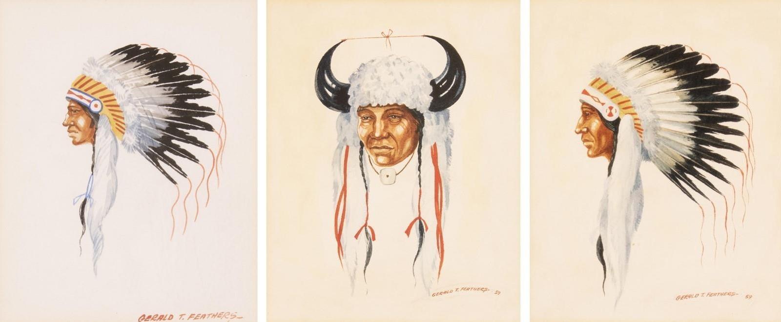 Gerald T. Tailfeathers (1925-1975) - Portrait With Headdress; 1959 / Portrait With Buffalo Horn Bonnet; 1959 / Portrait With Headdress