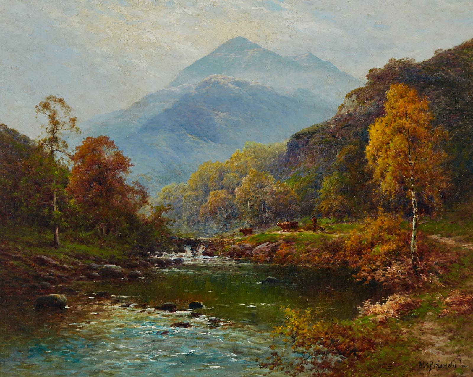 Alfred Fontville de Breanski Jr (1877-1957) - Herder With Cows By A River Rapids In A Highland Landscape