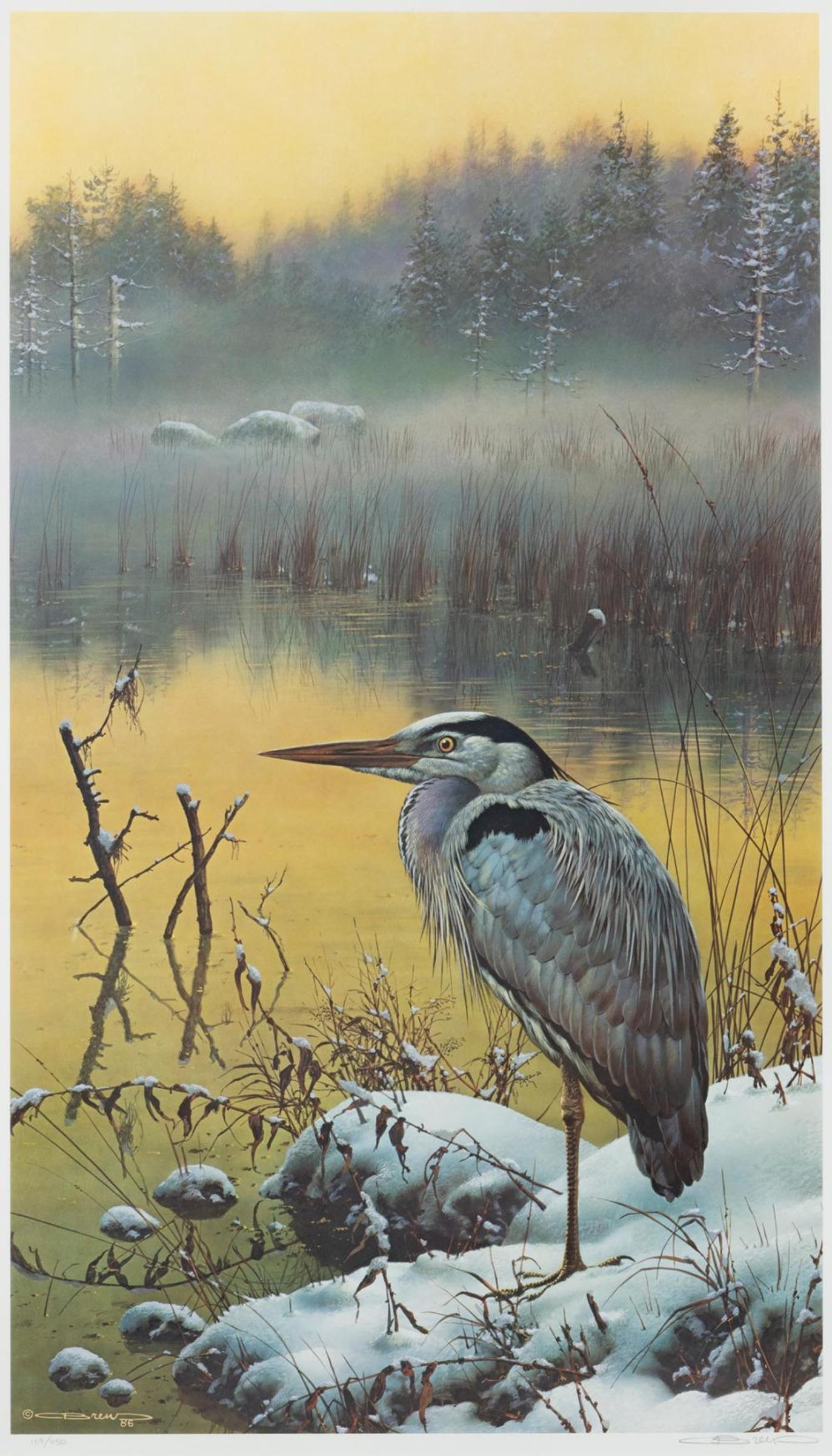 Late Snow - Blue Heron - paper drawing - drawn by Carl Brenders in 1986