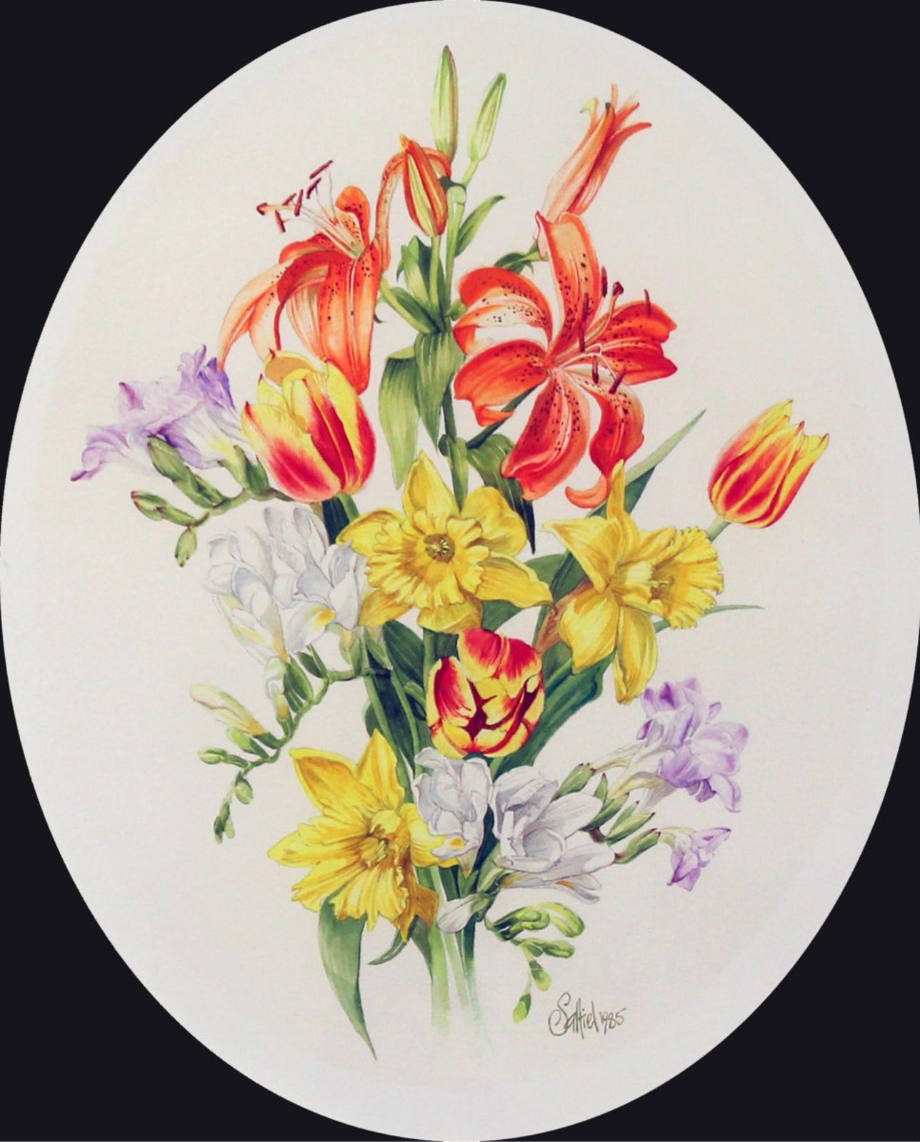 Alice Saltiel-Marshall (1948) - Spring Imported (Enchantment Lilies, Tulips, Daffodils and Freesias; 1985