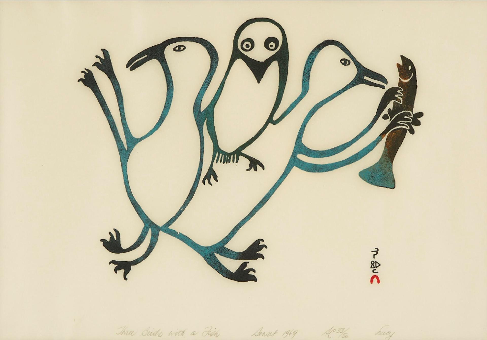 Lucy Qinnuayuak (1915-1982) - Three Birds With A Fish, 1969