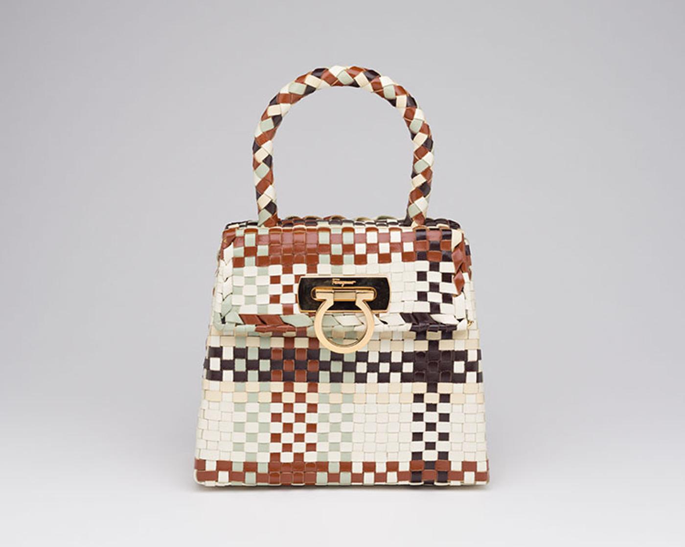 Salvatore Ferragamo - A GANCINI LEATHER INTRECCIATO TOP HANDLE BAG WITH GOLD HARDWARE