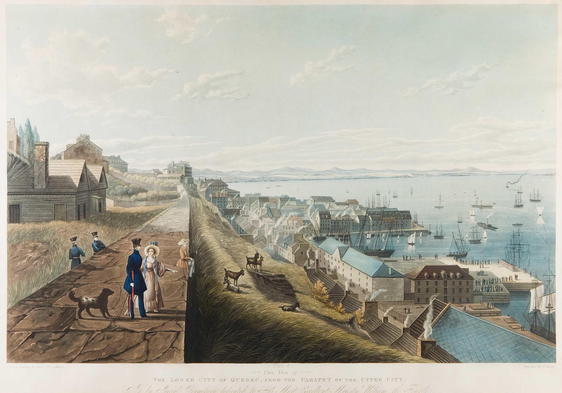 James Pattison Cockburn (1778-1847) - The Lower City of Québec from The Parapet of the Upper City. Plate 6 by C. Hunt published by Ackermann & Co., London 1833
