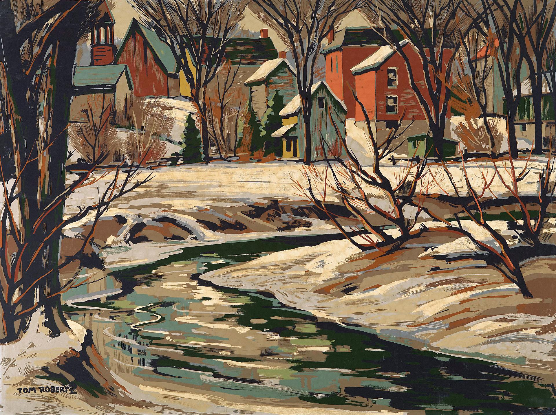 Thomas (1909-1998) - Houses and river in winter, and another of Canada Geese by another hand(2)