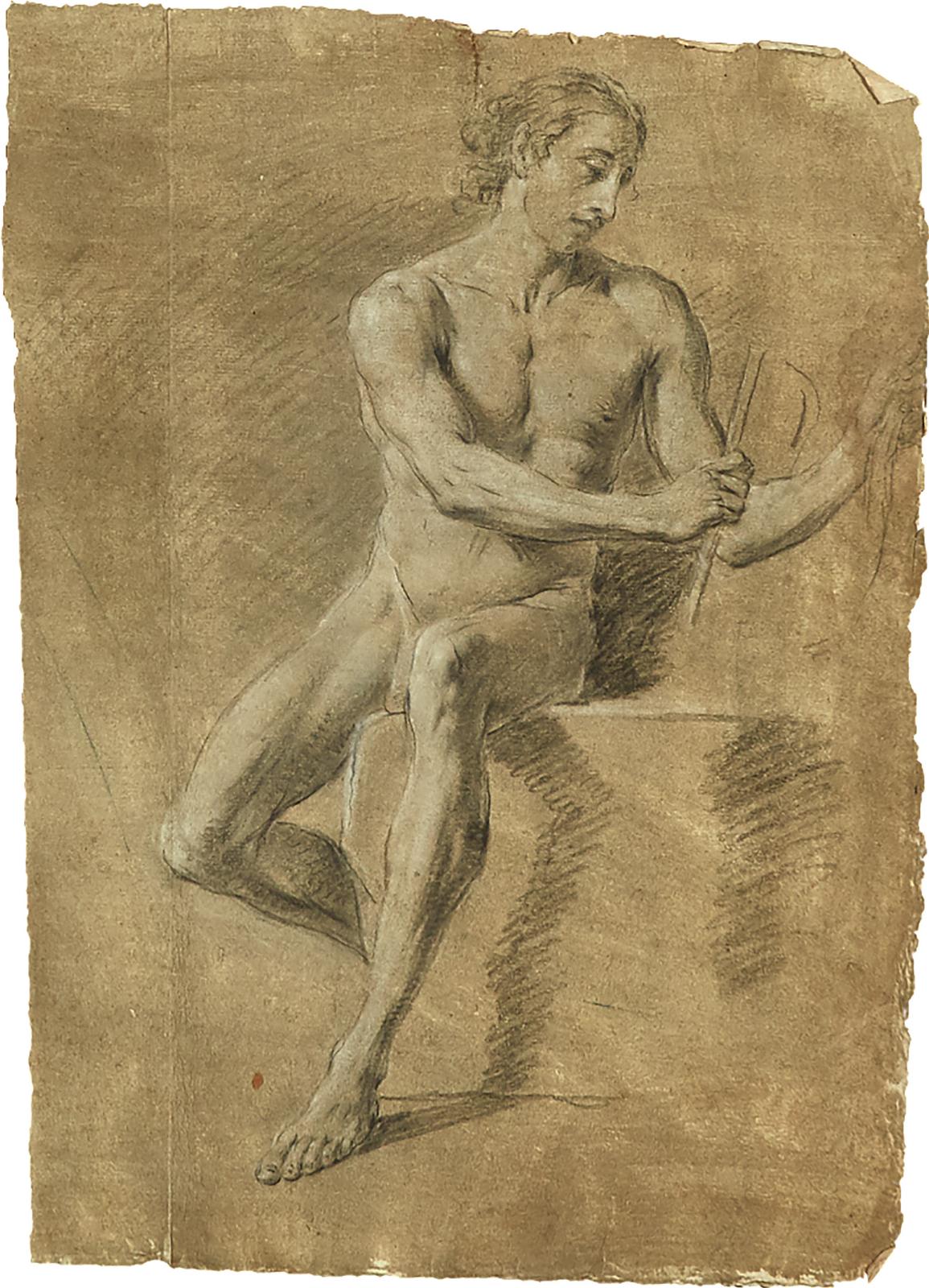 Italian School-Milanese - Seated Male Nude Facing Right Holding A Tool
