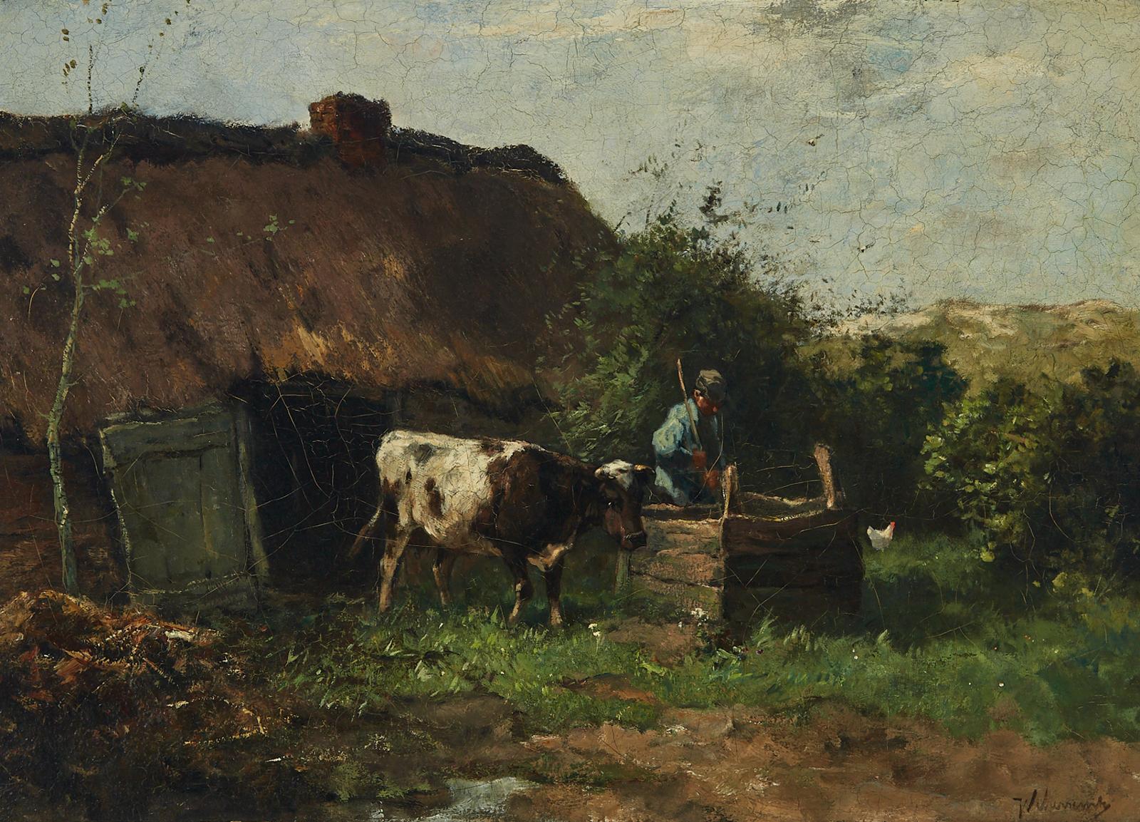 Johan Frederik Cornelis Scherrewitz (1868-1951) - Farmer And His Cow Outside A Thatched Barn