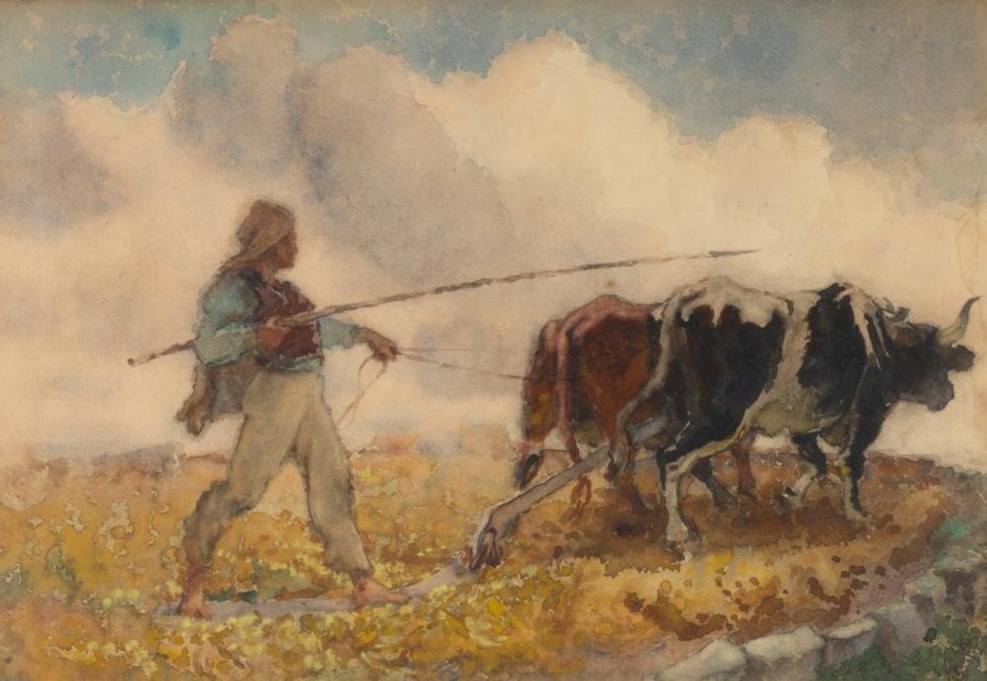 Henry Pember Smith (1854-1907) - Man Ploughing with Oxen