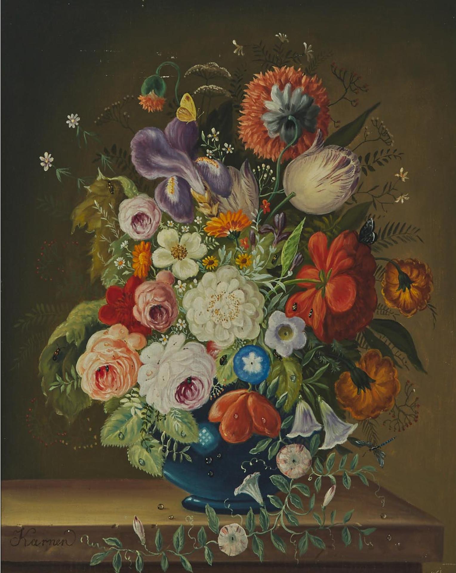 Christian Karner - Still Life Of Morning Glories, Roses, Irises, Tulips, Daisies, Chrysanthemums, Ferns And Vines With Butterflies, Insects And Dew Drops In A Blue Vase On A Ledge