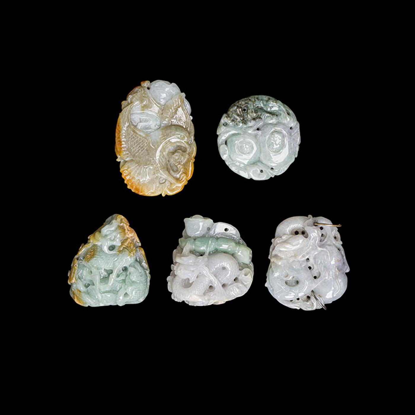 Chinese Art - Five Chinese Jadeite Carved Pendants, 20th Century