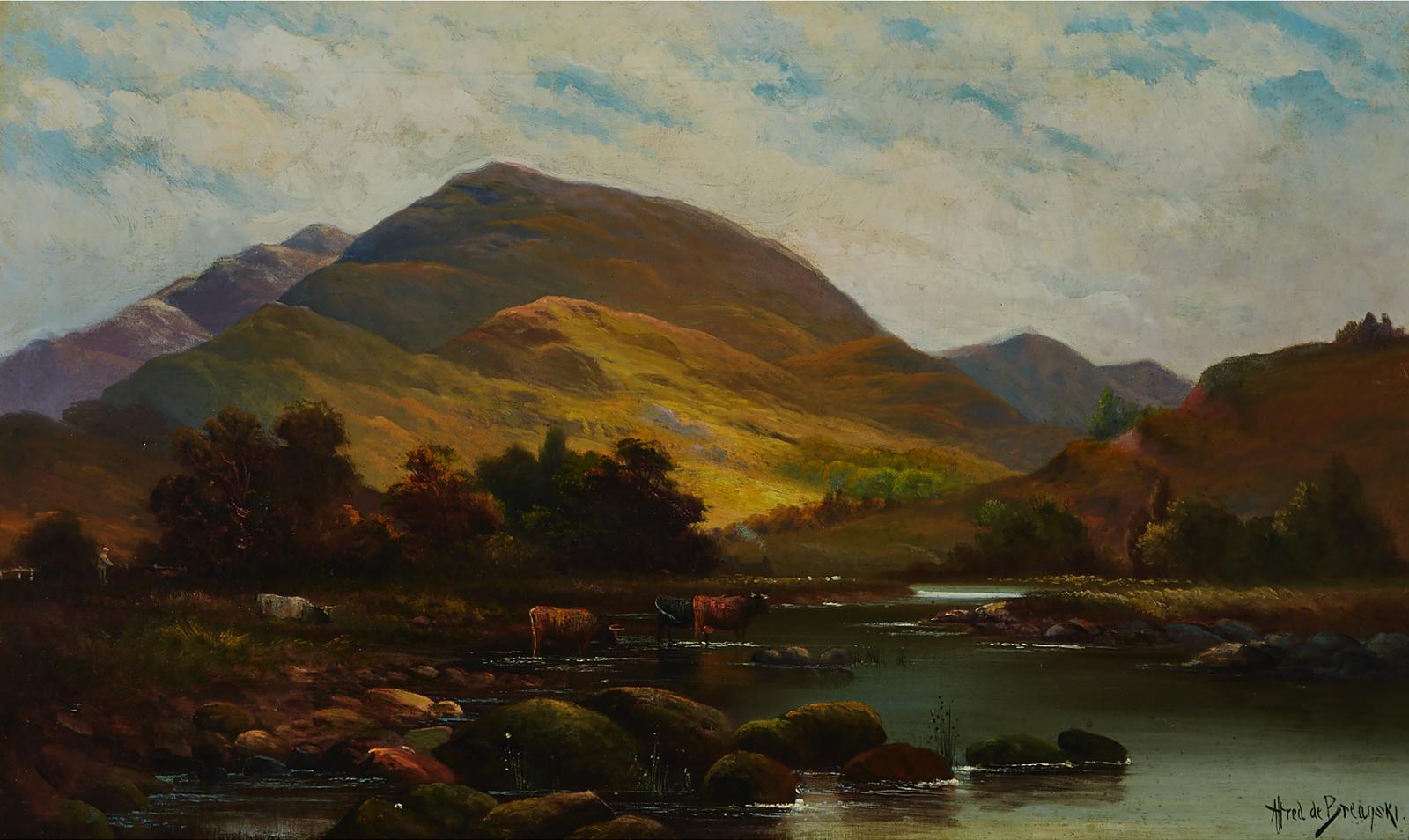 Alfred de Breanski Snr (1852-1928) - Highland Landscape With Cows Watering