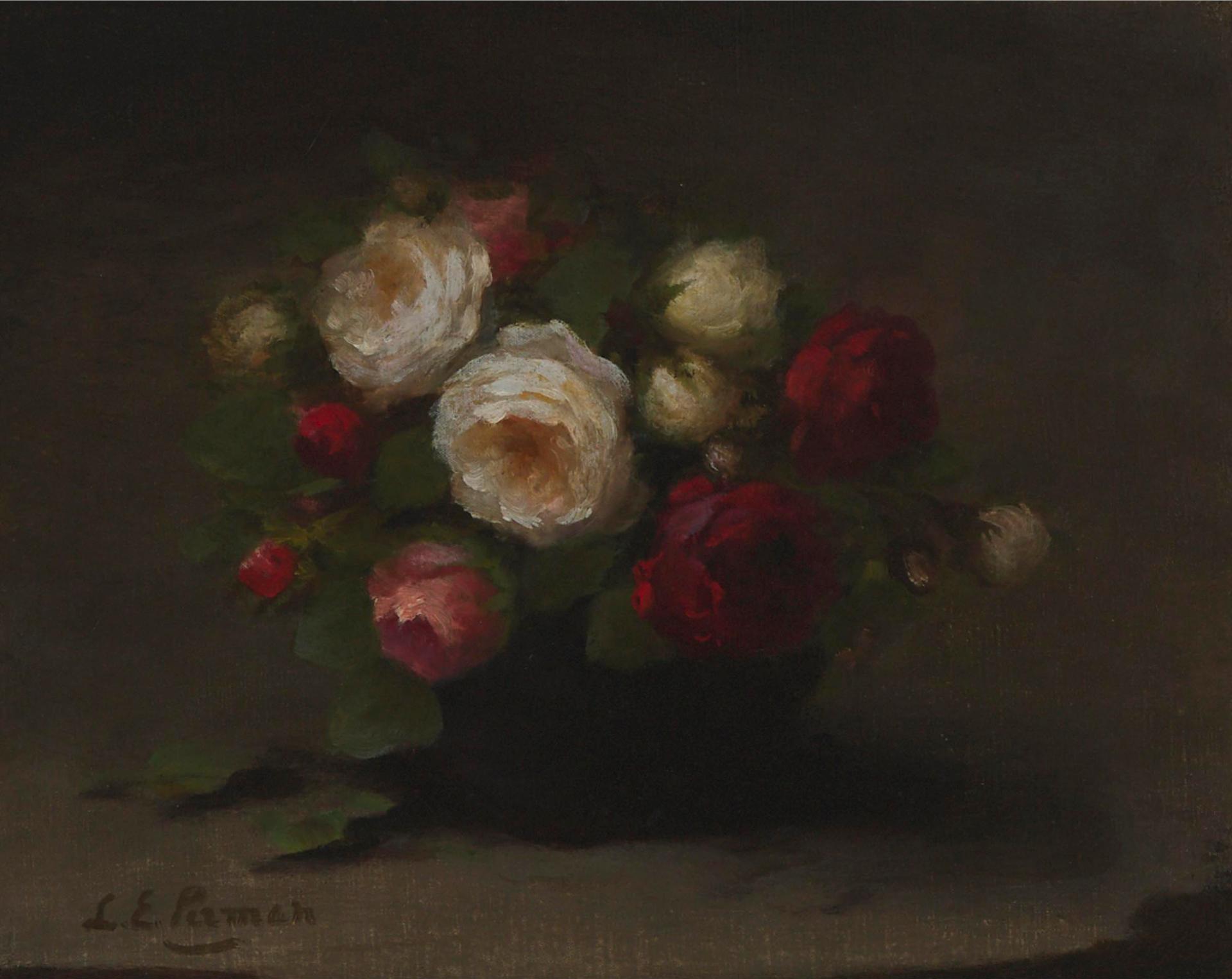 Louise Ellen Perman (1854-1921) - Red, White And Pink Roses In A Black Vase