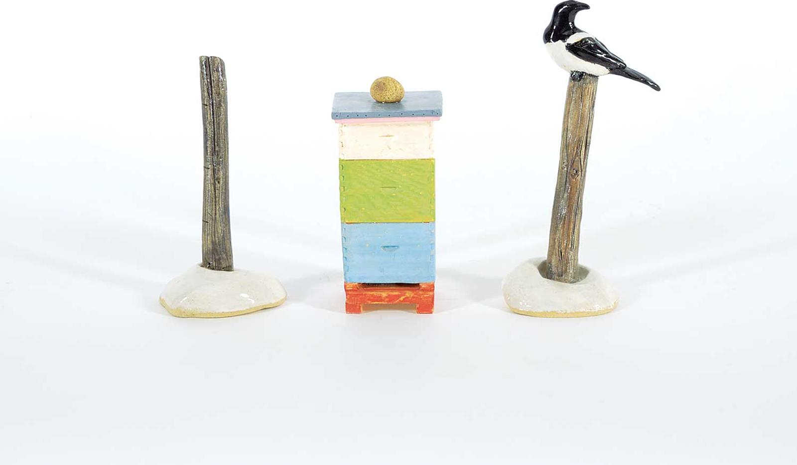 Linda Mercer - Untitled - Bee Box and Two Fenceposts with Crow