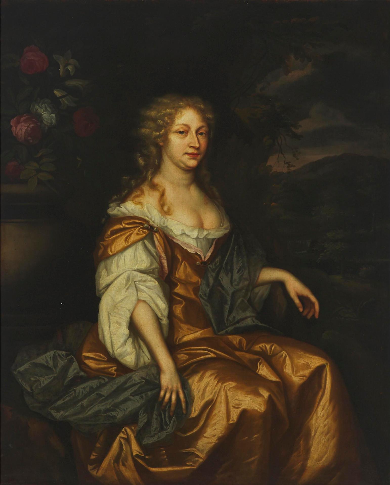 Follower of Sir Peter Lely (1618) - Portrait Of An Aristocratic Lady In Gold Dress Seated In A Landscape