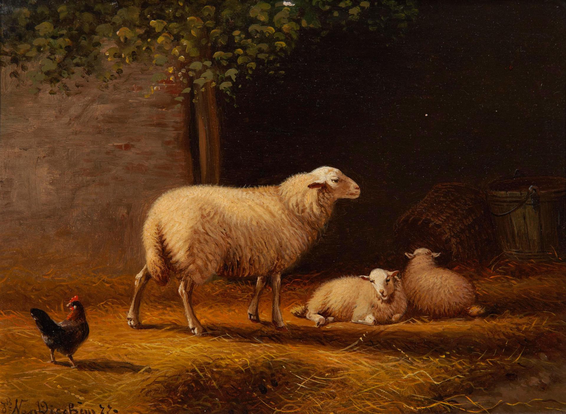 Jacob Van Dieghem - Ewe and lambs outside a barn; Sheep and a goat in a landscape, a pair