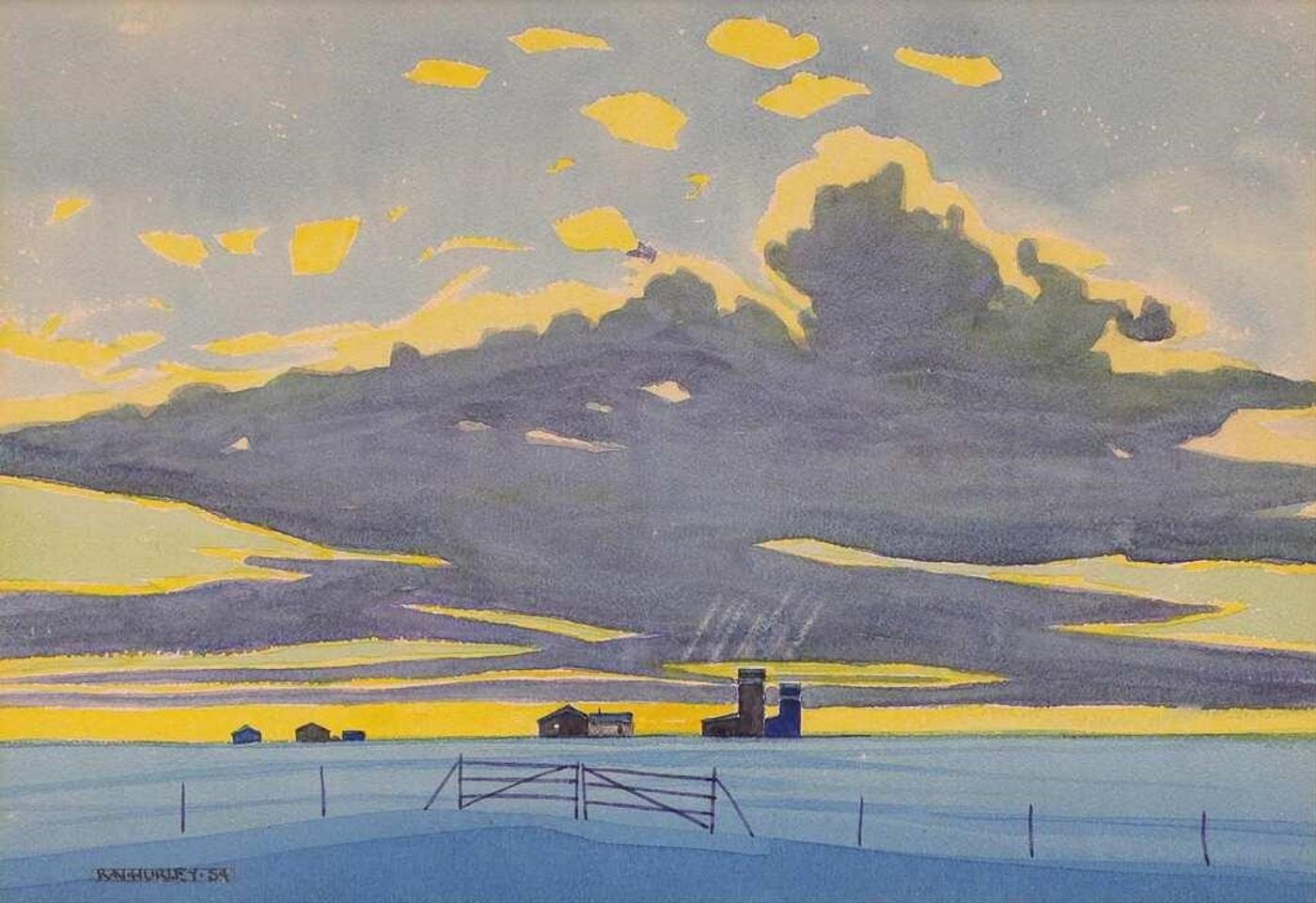 Robert Newton Hurley (1894-1980) - Prairie Scene With Grain Elevators And Dramatic Clouds; 1954