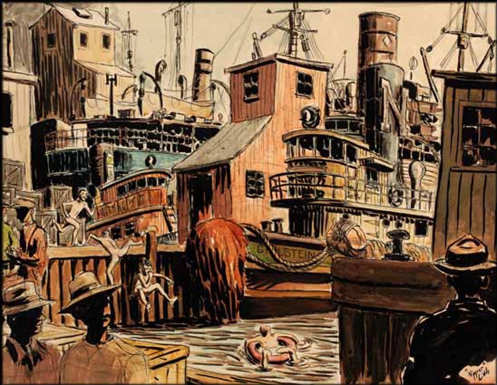 John Geoffrey Caruthers Little (1928-1984) - Port Scene with Boys Jumping into the Water