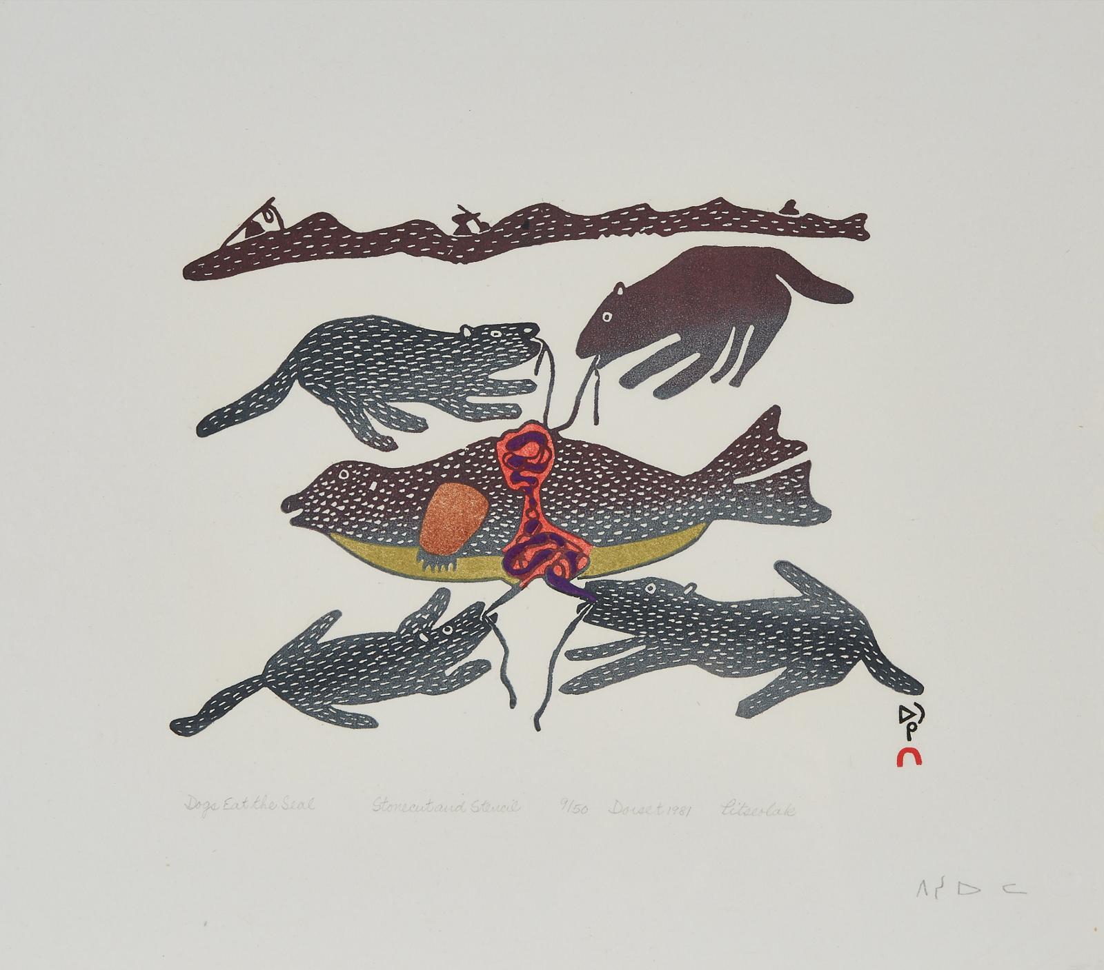 Pitseolak Ashoona (1904-1983) - Dogs Eat The Seal