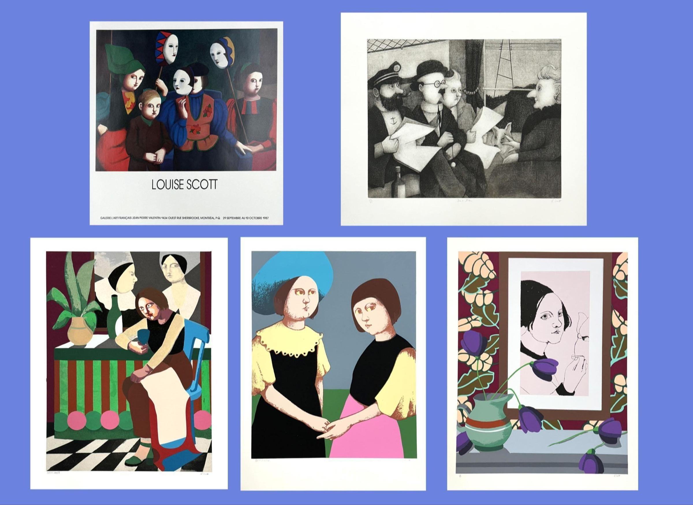 Louise Scott (1936-2007) - ensemble de 4 sérigraphies originales signées et numérotées et une affiche, de sujets variés et grandeurs allant de 56 cm x 66 cm à 71 cm x 57 cm