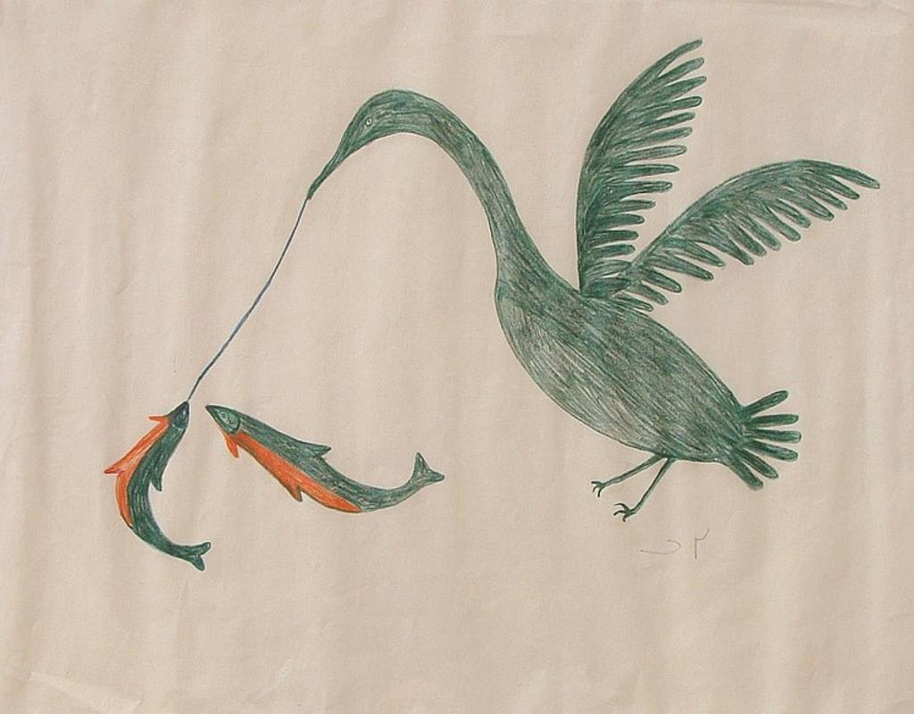 Lucy Qinnuayuak (1915-1982) - Cape Dorset Bird with Two Fish