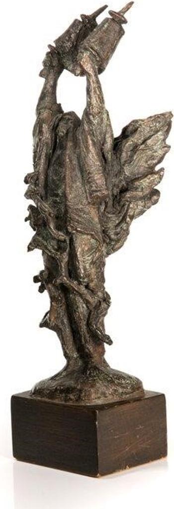 Nathan Rapoport (1911-1987) - Stylized bronze sculpture of the Prophet Moses holding Torah scrolls above his head. By artist Nathan Rapoport (Israeli, 1911-1987), signature on square base