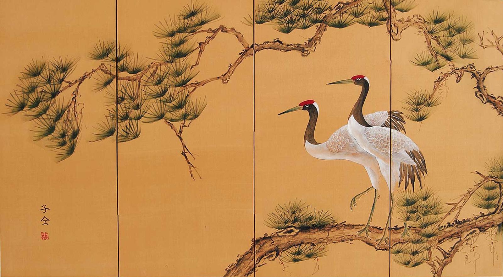 Oriental School - Untitled - Pair of Cranes on Tree Limb