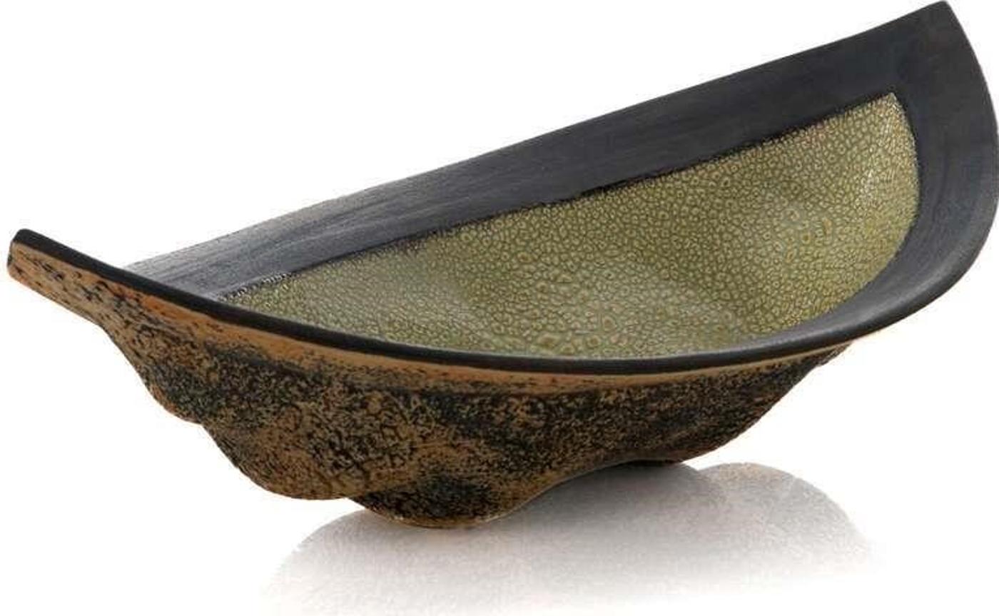 Laurie Rolland (1952) - A centerpiece bowl with a green and yellow internal with a unglazed charcoal rim and unglazed exterior base