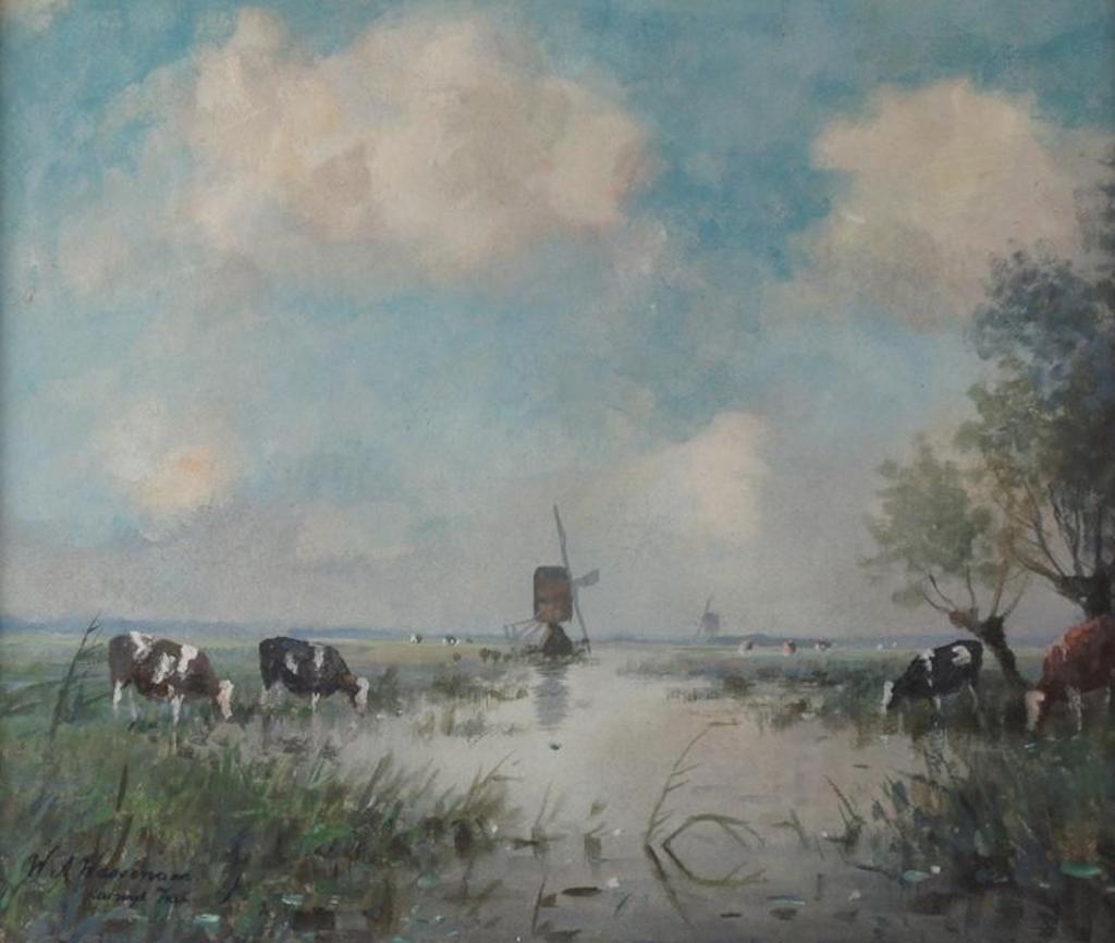 Willem Abraham Wassenaar (1873-1956) - Pastoral Scene With Cattle Watering And Windmill