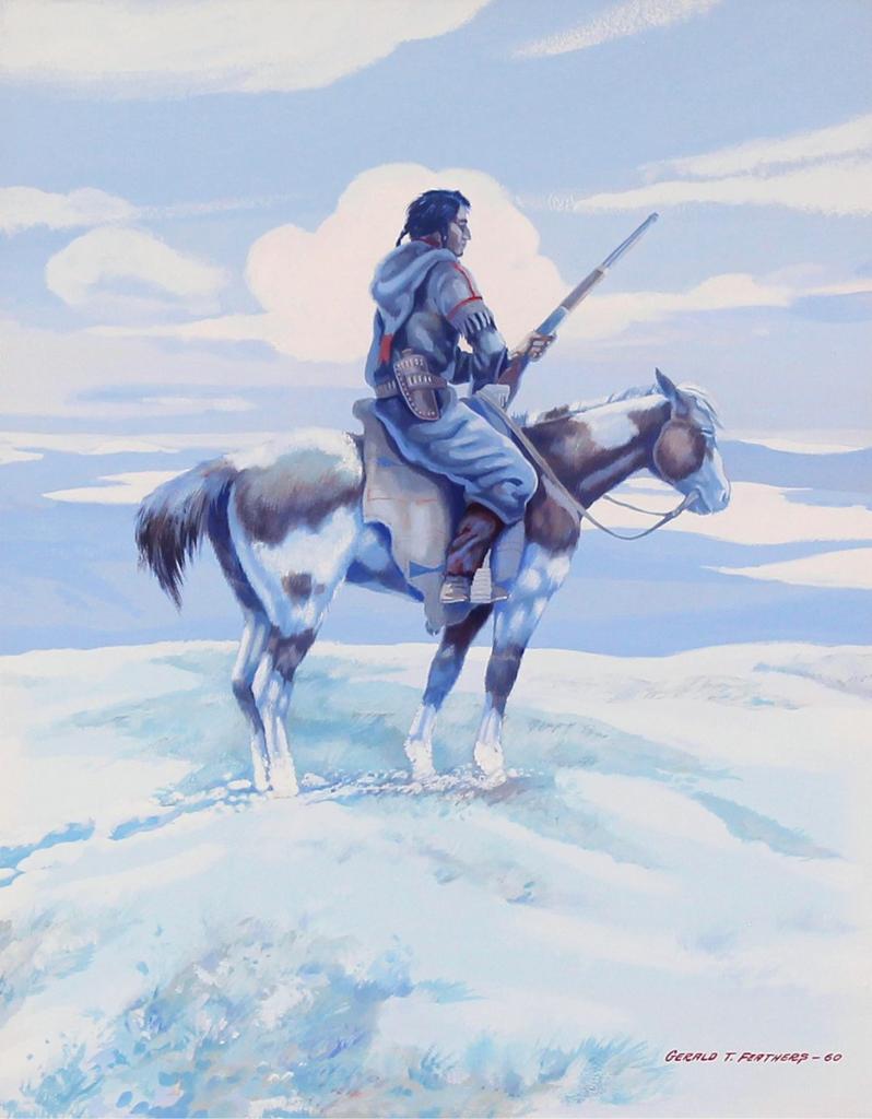 Gerald T. Tailfeathers (1925-1975) - Mounted Indian With Rifle; 1960
