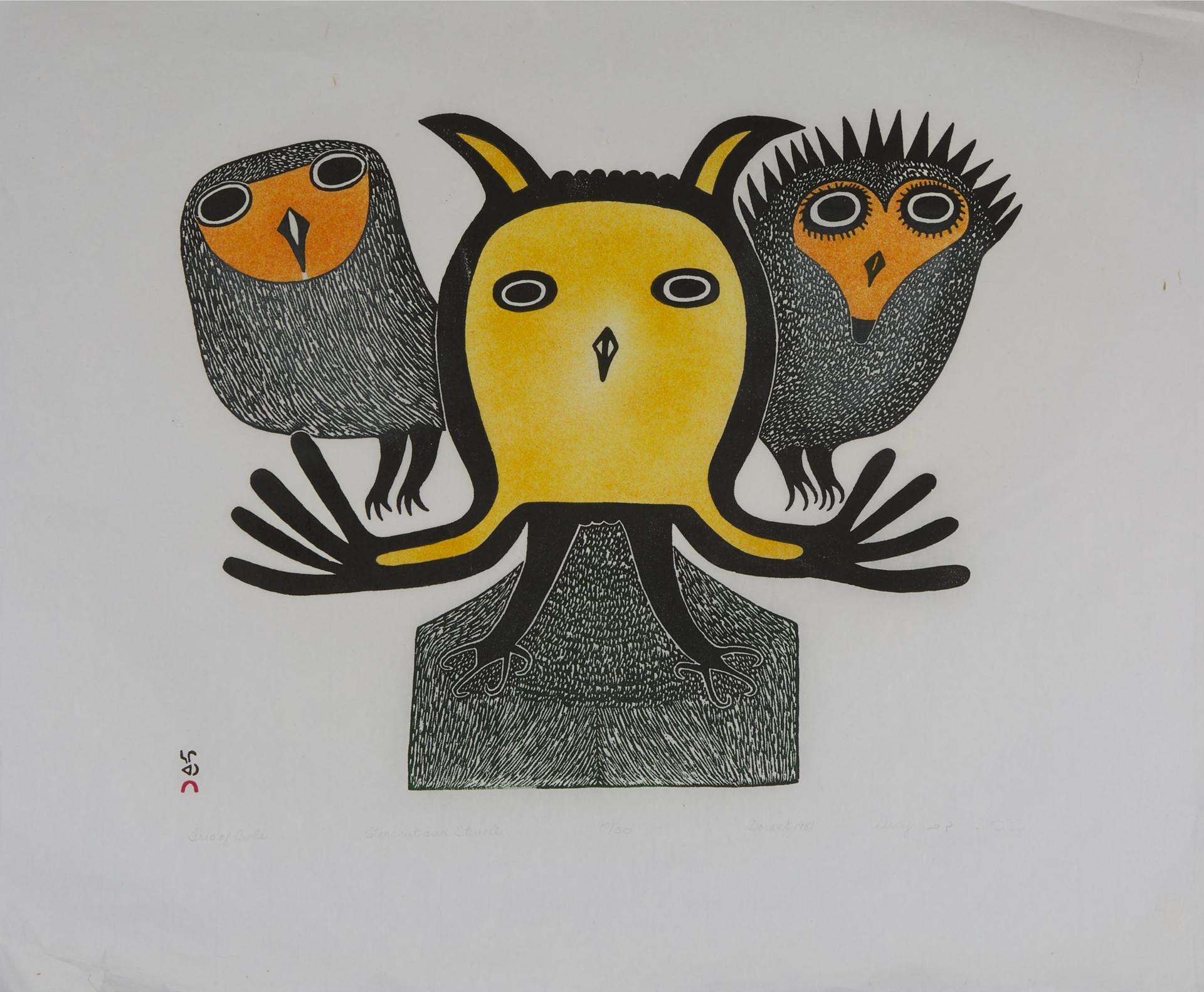 Lucy Qinnuayuak (1915-1982) - Trio Of Owls