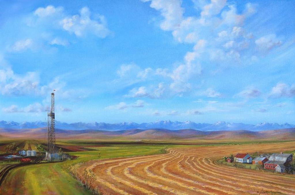 Saskia King (1959) - Alberta Landscape With Oil Derrick, Farm And Mountain Panorama