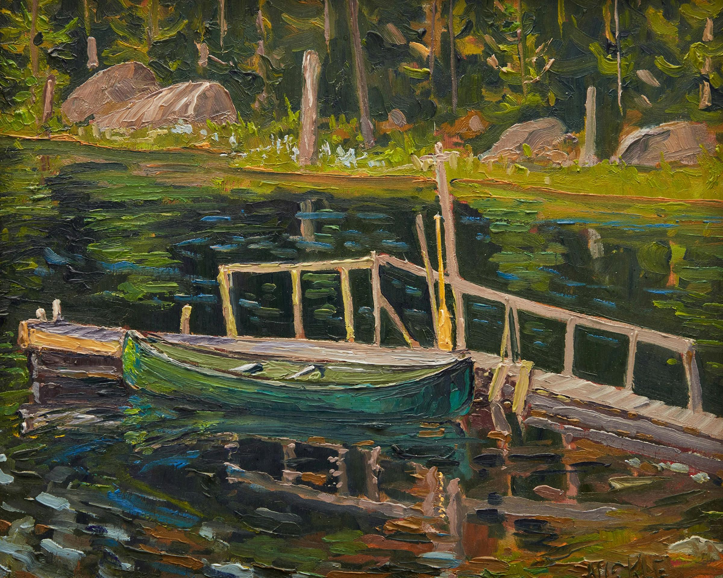 Lawrence Nickle (1931-2014) - Canoe and Dock at Homestead Studio; Autumn Foliage