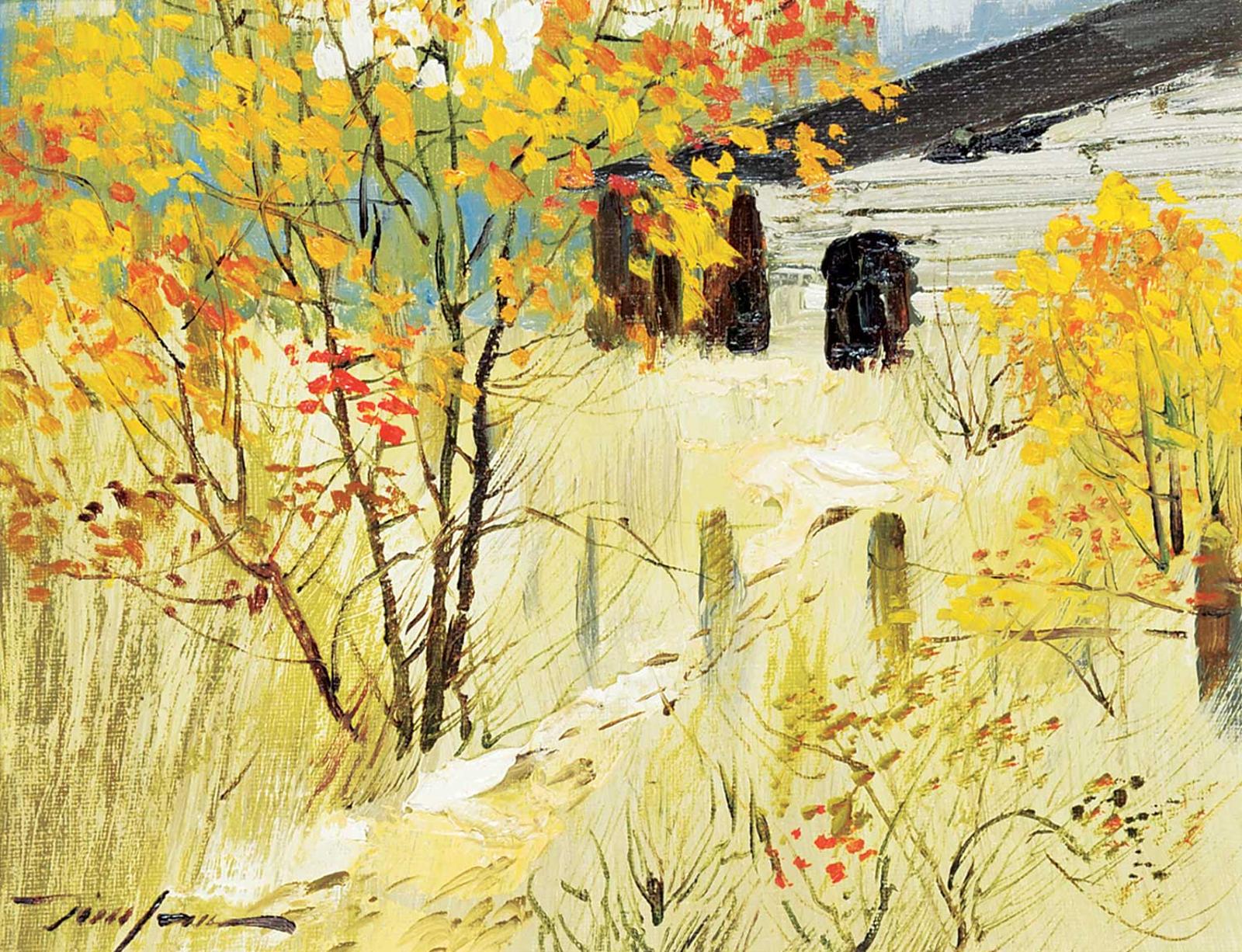 Tin Yan Chan (1942) - Untitled - Yellow Trees by the Barn