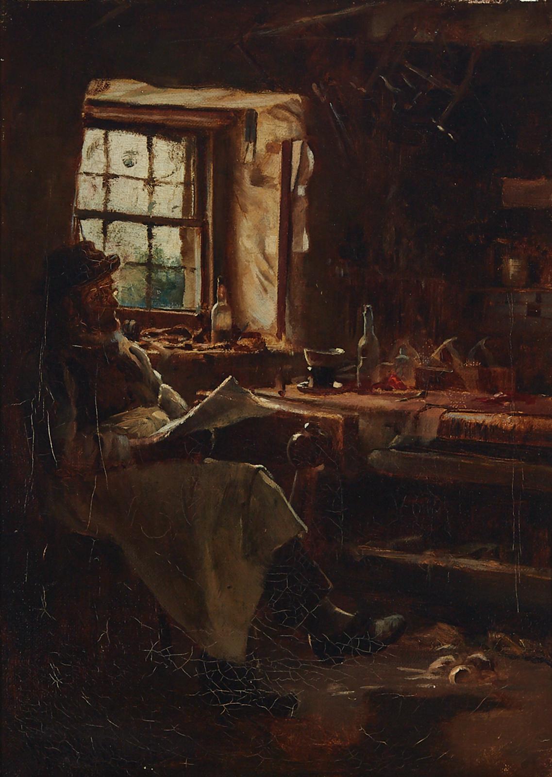 Robert Russell Macnee (1880-1952) - Countryman Reading The News In A Workshop