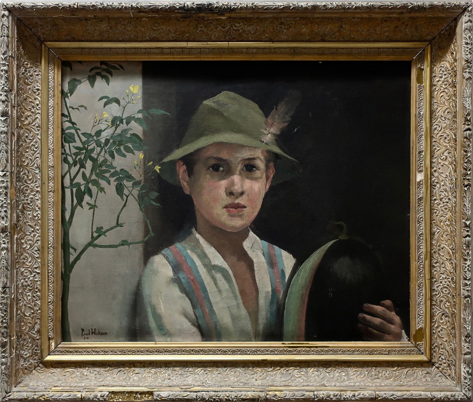 Paul Giovanni Wickson - Portrait Of A Young Boy With Feathered Hat