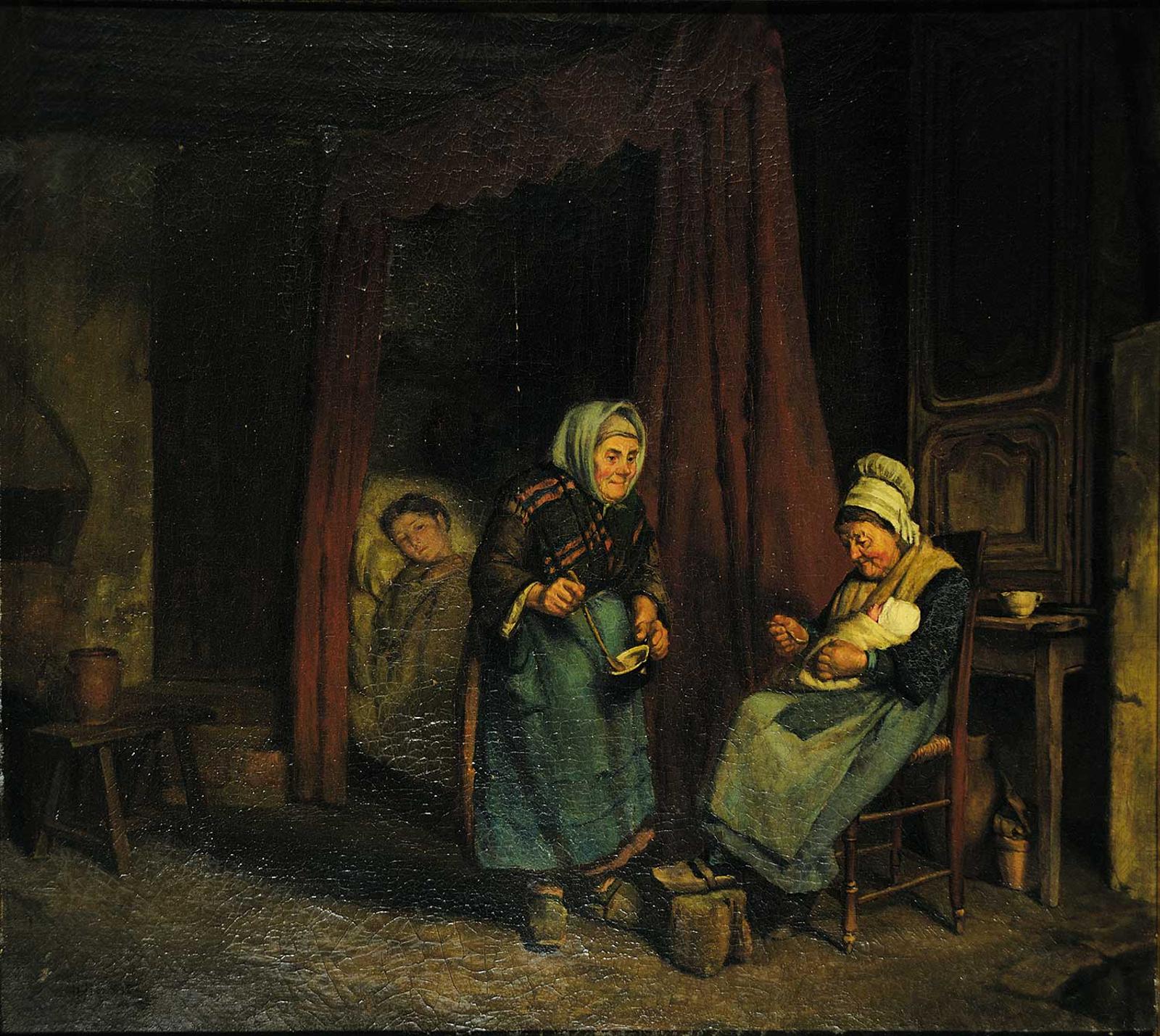 Howard Helmick (1845-1907) - Untitled - Midwives Tending to the Newborn Baby