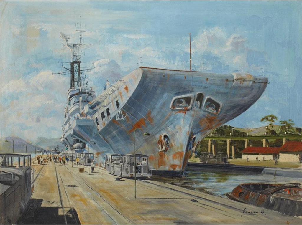 John M. Horton (1935-2002) - Gateway To The Pacific (H.M.S. Warrior Looking Through Mira Flores)